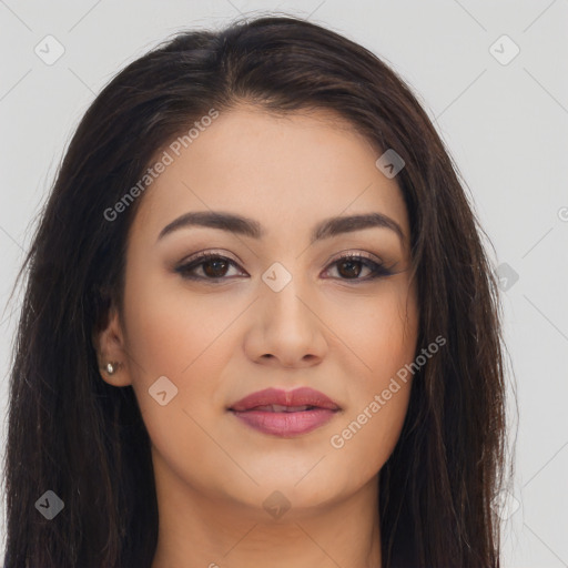 Joyful white young-adult female with long  brown hair and brown eyes