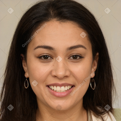 Joyful white young-adult female with long  brown hair and brown eyes