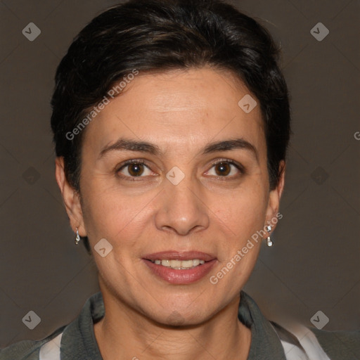 Joyful white adult female with medium  brown hair and brown eyes