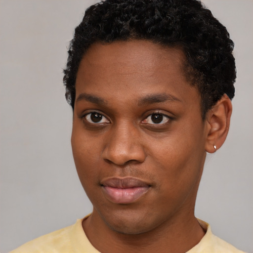 Neutral black young-adult male with short  black hair and brown eyes