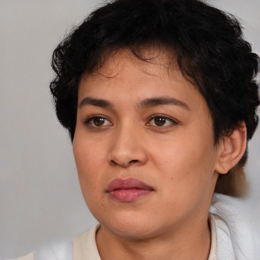 Neutral asian young-adult female with short  brown hair and brown eyes