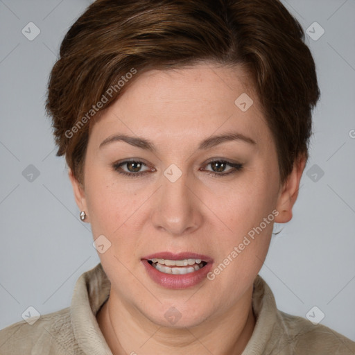 Joyful white young-adult female with short  brown hair and brown eyes