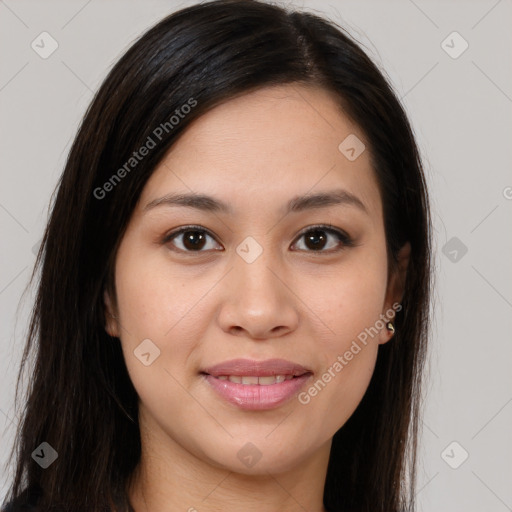 Joyful white young-adult female with long  brown hair and brown eyes