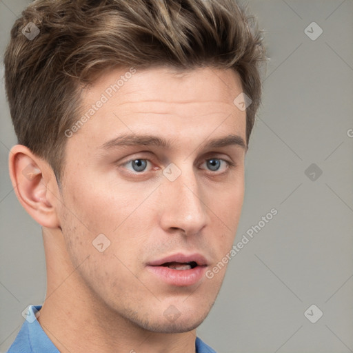 Neutral white young-adult male with short  brown hair and grey eyes