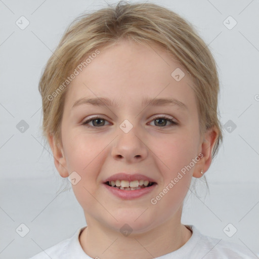 Joyful white child female with short  brown hair and brown eyes