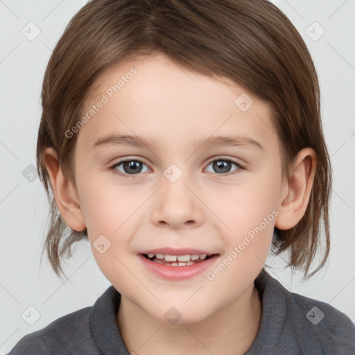 Joyful white child female with medium  brown hair and brown eyes