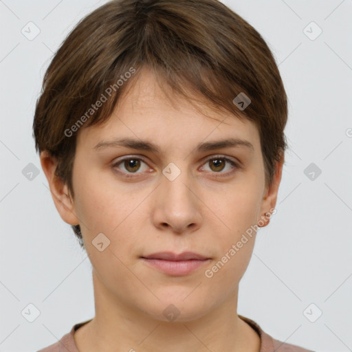 Neutral white young-adult female with short  brown hair and brown eyes