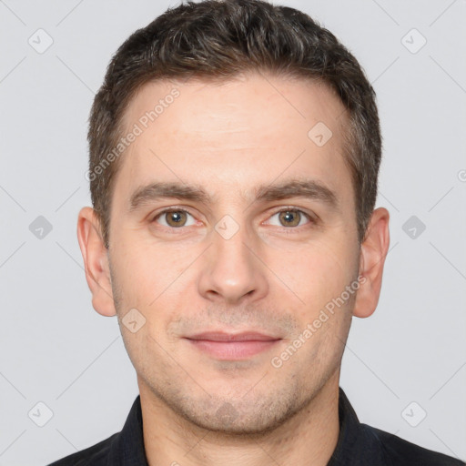 Neutral white adult male with short  brown hair and brown eyes