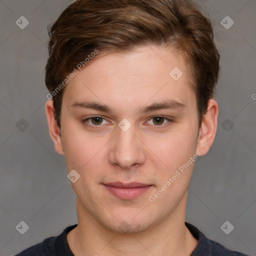 Neutral white young-adult male with short  brown hair and grey eyes