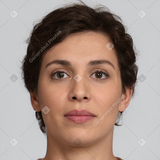 Neutral white young-adult female with short  brown hair and brown eyes