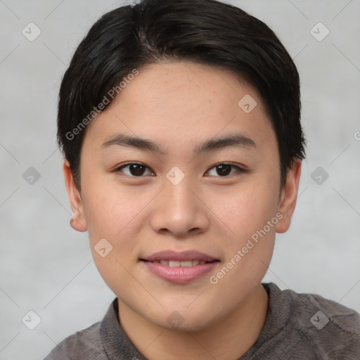 Joyful asian young-adult female with short  brown hair and brown eyes