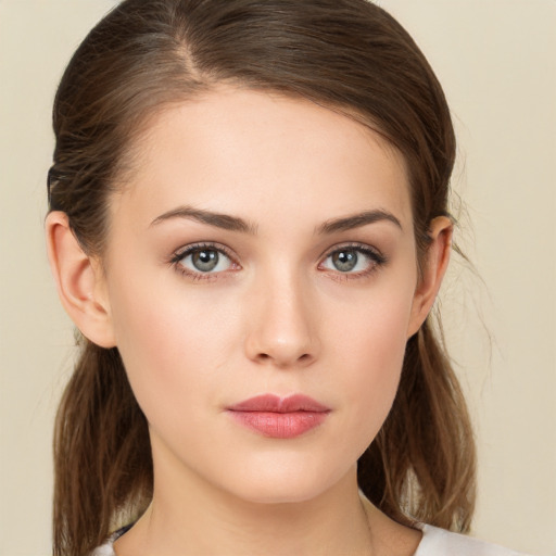 Neutral white young-adult female with medium  brown hair and brown eyes