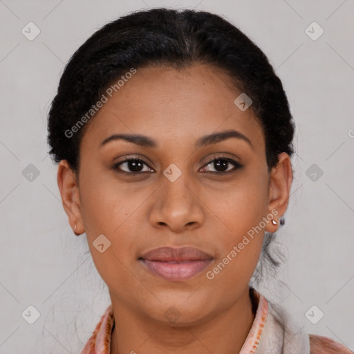 Joyful latino young-adult female with short  brown hair and brown eyes