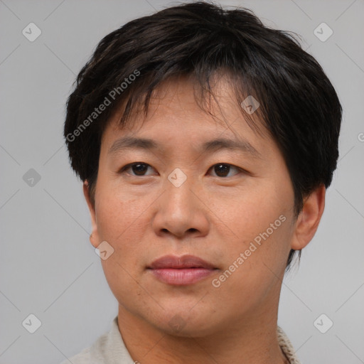 Joyful asian young-adult male with short  brown hair and brown eyes