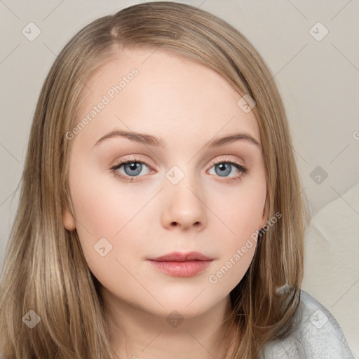 Neutral white young-adult female with long  brown hair and grey eyes