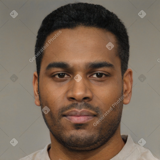 Neutral latino young-adult male with short  black hair and brown eyes