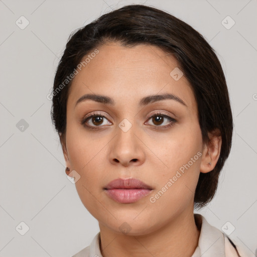 Neutral white young-adult female with medium  brown hair and brown eyes