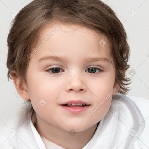 Joyful white child female with medium  brown hair and brown eyes