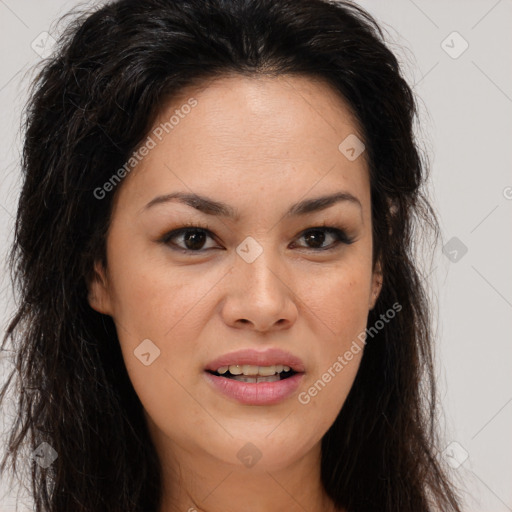 Joyful latino young-adult female with long  brown hair and brown eyes