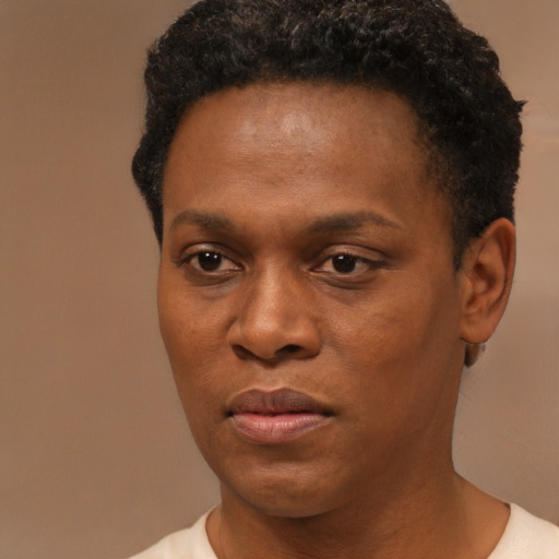 Joyful black young-adult male with short  brown hair and brown eyes