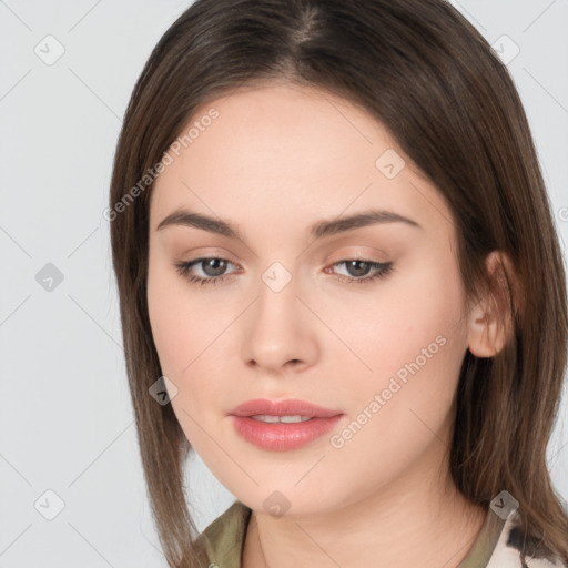 Neutral white young-adult female with medium  brown hair and brown eyes