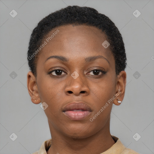 Neutral black young-adult female with short  brown hair and brown eyes