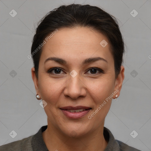 Joyful white adult female with short  brown hair and brown eyes