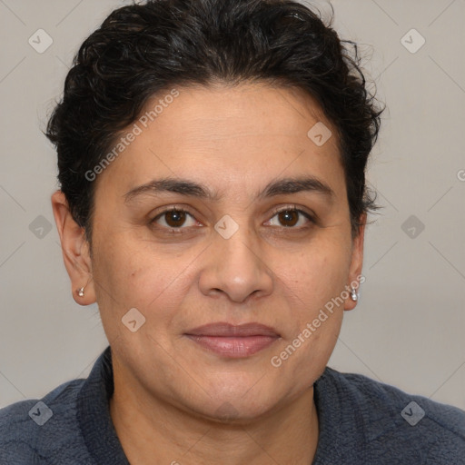 Joyful white adult female with short  brown hair and brown eyes