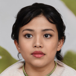 Neutral asian young-adult female with medium  black hair and brown eyes