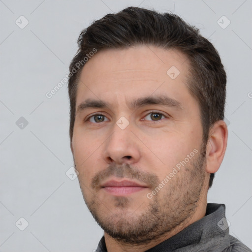 Neutral white adult male with short  brown hair and brown eyes