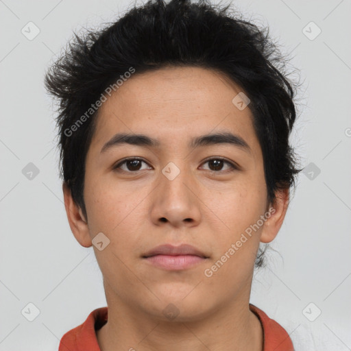 Neutral asian young-adult male with short  brown hair and brown eyes