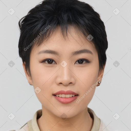 Joyful asian young-adult female with short  brown hair and brown eyes