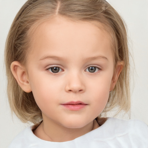 Neutral white child female with medium  brown hair and blue eyes