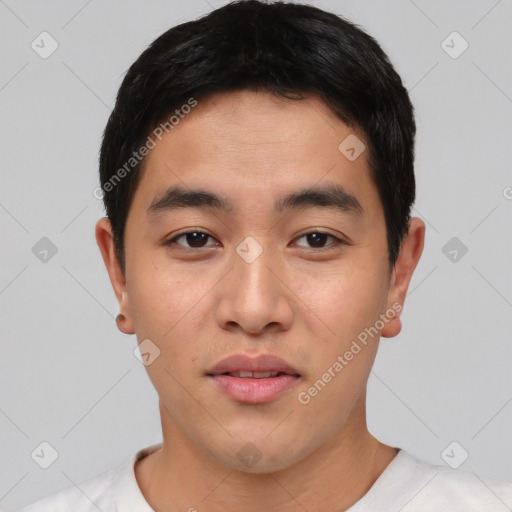 Neutral asian young-adult male with short  black hair and brown eyes