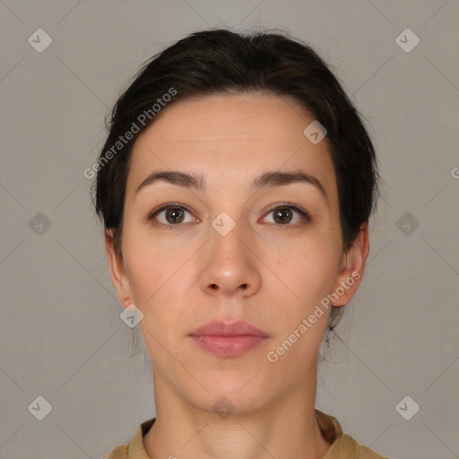 Neutral white young-adult female with short  brown hair and brown eyes