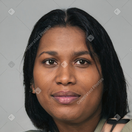 Joyful asian young-adult female with medium  black hair and brown eyes