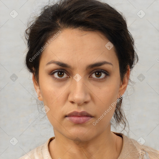 Neutral white young-adult female with medium  brown hair and brown eyes