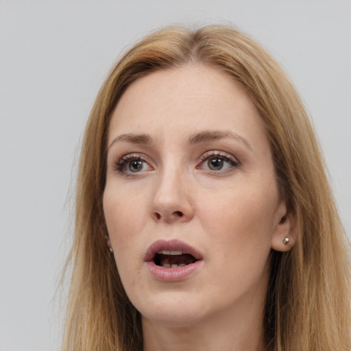 Neutral white young-adult female with long  brown hair and grey eyes