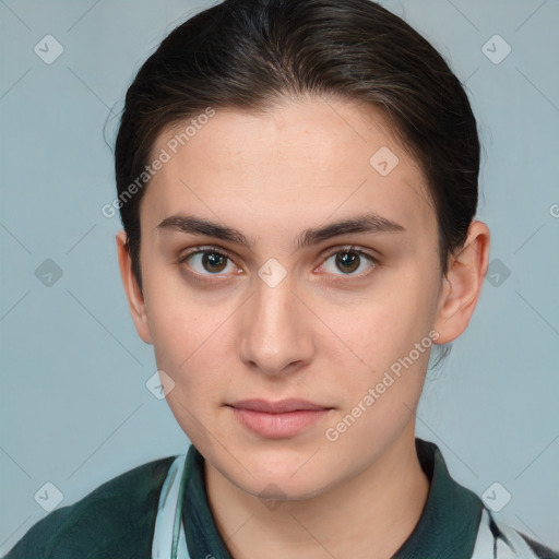 Neutral white young-adult female with medium  brown hair and brown eyes