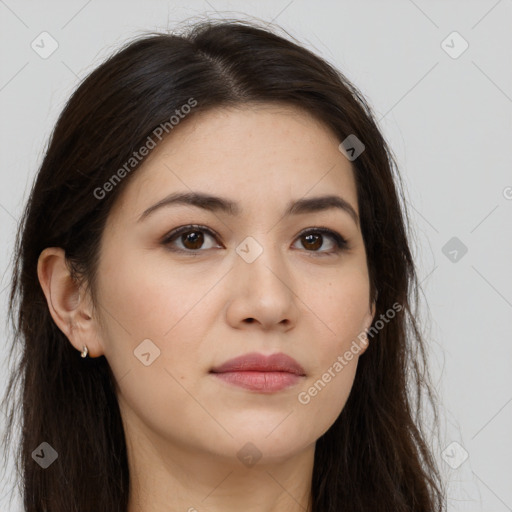 Neutral white young-adult female with long  brown hair and brown eyes