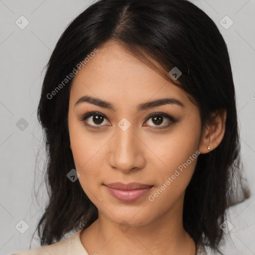 Joyful latino young-adult female with medium  brown hair and brown eyes