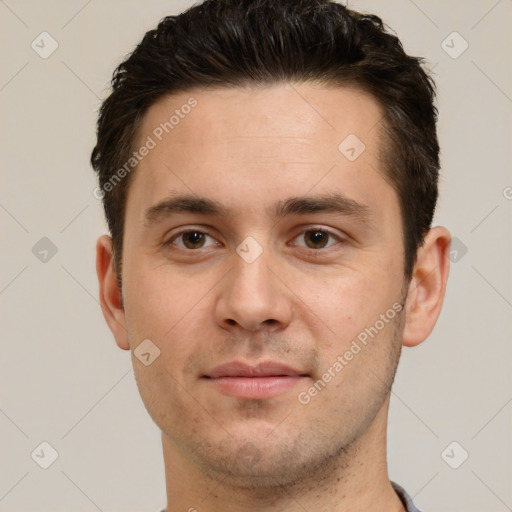 Joyful white young-adult male with short  brown hair and brown eyes