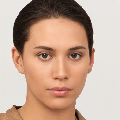 Neutral white young-adult female with short  brown hair and brown eyes