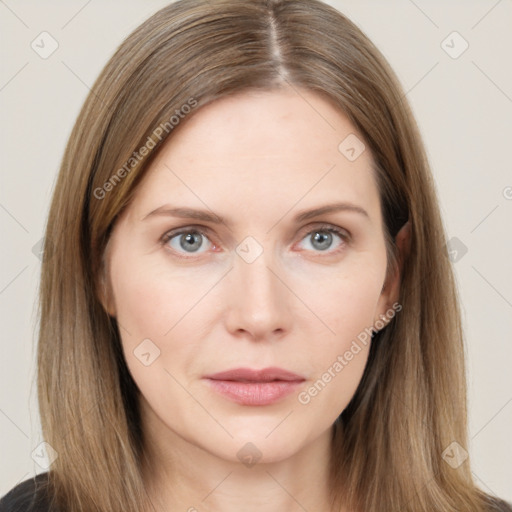 Neutral white young-adult female with long  brown hair and grey eyes