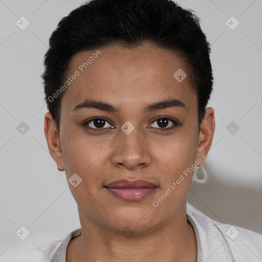 Joyful latino young-adult female with short  black hair and brown eyes