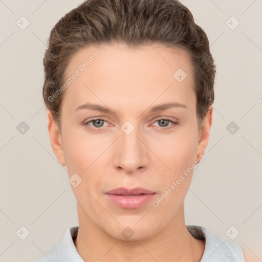 Neutral white young-adult female with short  brown hair and brown eyes