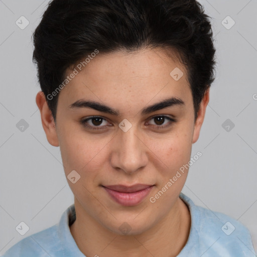 Joyful latino young-adult female with short  brown hair and brown eyes