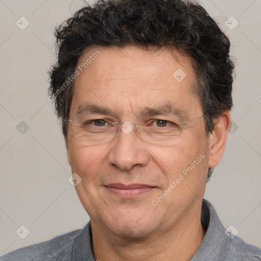 Joyful white middle-aged male with short  brown hair and brown eyes