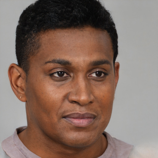 Neutral black young-adult male with short  brown hair and brown eyes