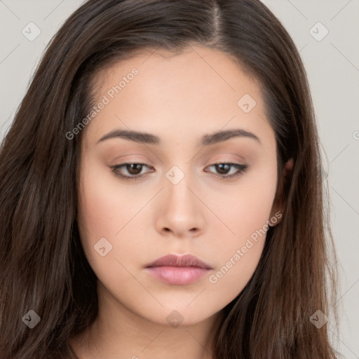 Neutral white young-adult female with long  brown hair and brown eyes